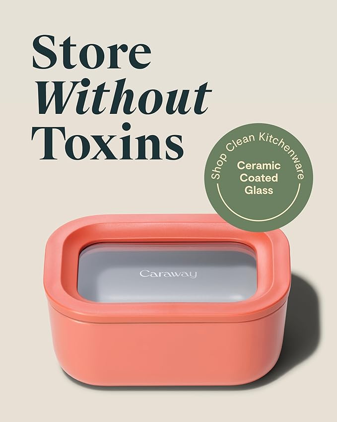 Caraway 2pc Glass Food Storage Set - 2.6 Cup Food Containers (2) - Non-Toxic Ceramic-Coated Glass - Air Release Technology - Compact & Stackable Design - Perracotta