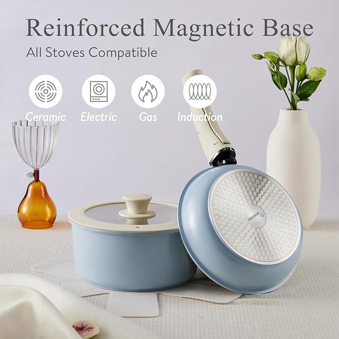 Pots and Pans Set Healthy Non toxic Non Stick Ceramic Cookware Set 21 Pcs Detachable Handles, Oven Safe, Induction Dishwasher, Stackable Frying Pan (PFOS, PFOA Free),Blue