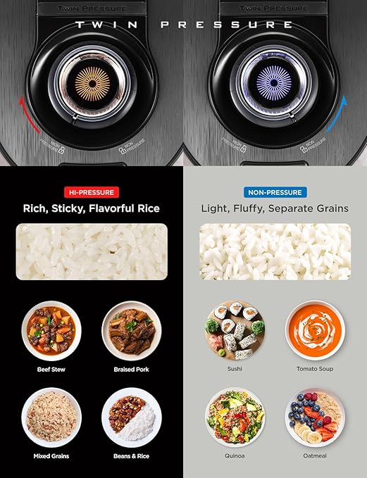 CUCKOO Twin Pressure Rice Cooker 6-Cup Uncooked / 12-Cup Cooked with Nonstick Inner Pot, Versatile Rice Maker & Warmer with 14 Menu Options, Voice Guide, Auto Clean, Black (CRP-RT0609FB)