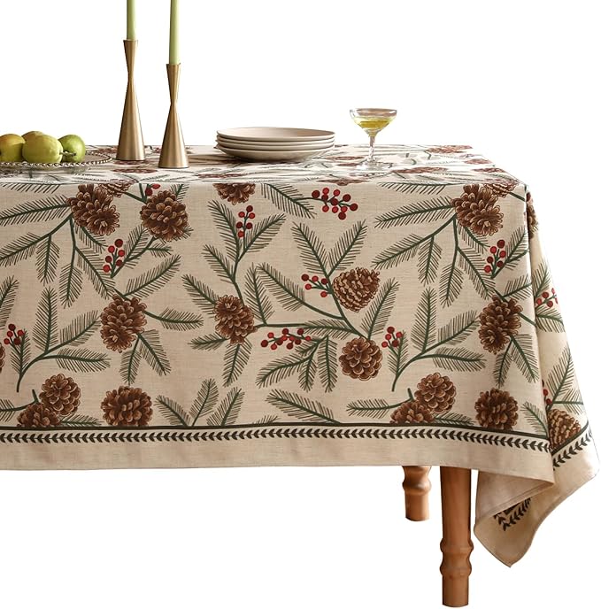 Christmas Tablecloth for Square Tables,Linen Table Cloth with Leaves and Pinecones Pattern,Heavy Durable Table Cover for Dining Thanksgiving Kitchen Decor Party Banquet Christmas,67"*67"