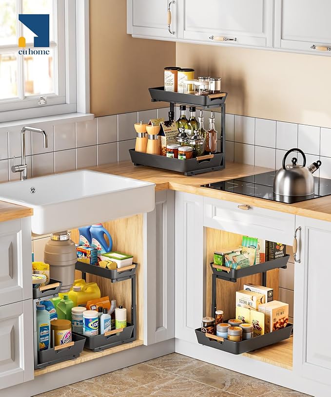 Under Sink Organizer, 2 Tier Adjustable Height Under Sink Organizers and Storage, L-Shaped Slide Out Pull Out Cabinet Organizers for Bathroom Kitchen Pantry (2 Pack, Black)