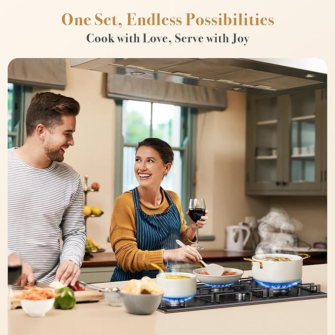 PekGema Ceramic Cookware Set 15-Pieces, Pots and Pans Set Non Stick, Oven Safe Non Toxic, Kitchen Cookware Set, PFOA PTFE FREE, Gold White