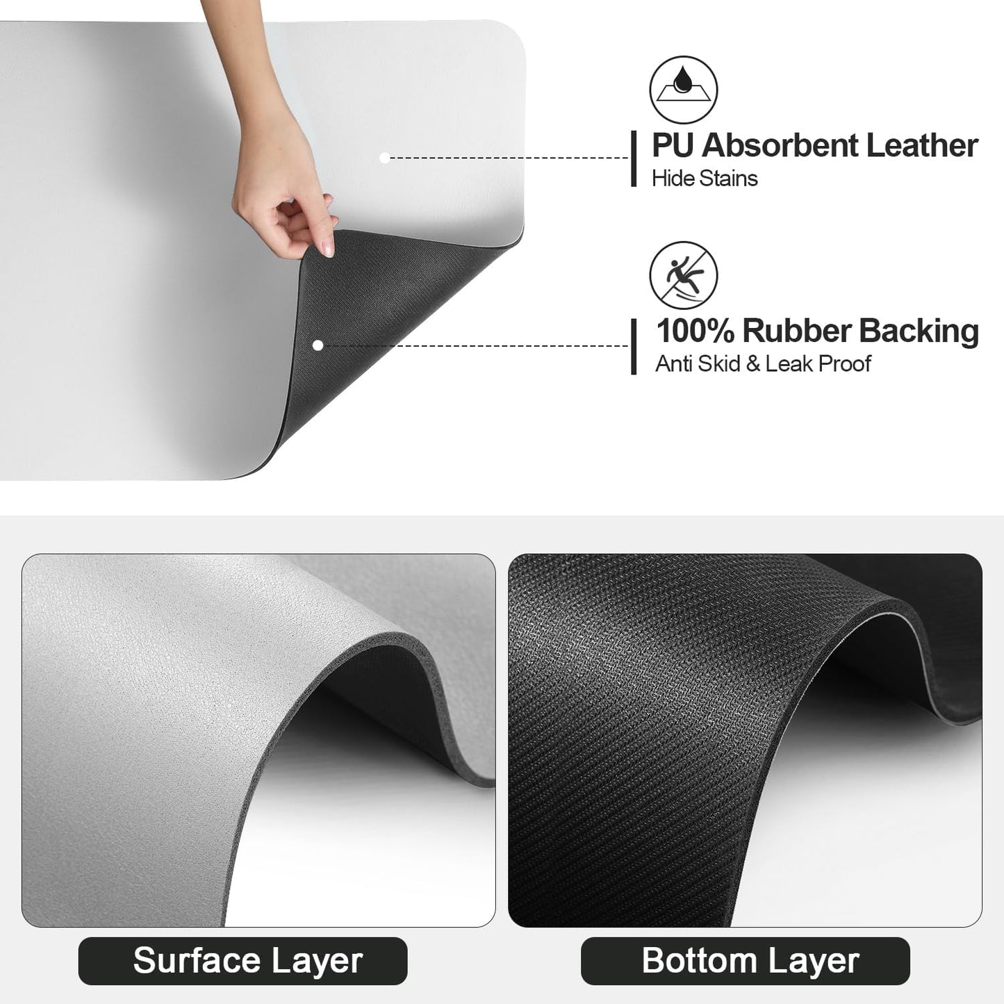 Dish Drying Mat for Kitchen Counter | Coffee Bar Mat for Countertops | Heat Resistant Drainer Mat with Non-slip Rubber Backed | Hide Stain Kitchen Absorbent Draining Mat | Light Grey 16"x18"