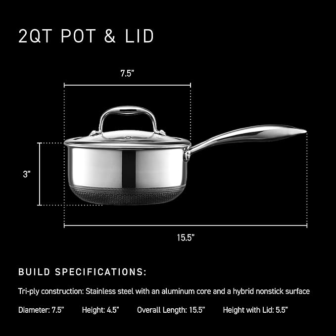 HexClad Hybrid Nonstick 2-Quart Saucepan with Tempered Glass Lid, Stay-Cool Handle, Dishwasher-Friendly, Oven-Safe Up to 900°F, Induction Ready, Compatible with All Cooktops