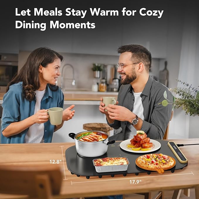 Coanto Food Warming Mat, Electric Warming Tray for Buffets & Parties, Silicone Heating Mat with 7 Temperature Settings, Roll-Up Storage, 17.91"x12.8", Black