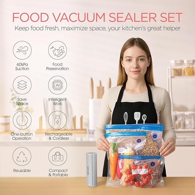 VOYOR Handheld Vacuum Sealer, Portable Vacuum Sealer Kit with Vacuum Bags Cordless Automatic Vacuum Pump for Food Preservation Type-C Charging and Long Lasting Food Vacuum (1 Pump+5 Bags)