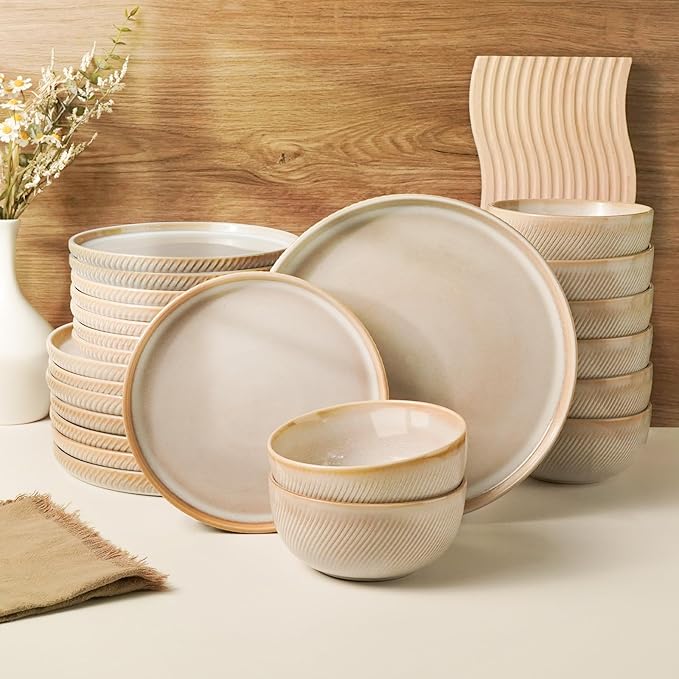 Earthsong Dinnerware Sets for 8, 24-Piece Ceramic Plates and Bowls Set, Dishwasher and Microwave Safe Stoneware Dishes Set, Ribbed, Sculpted Dune