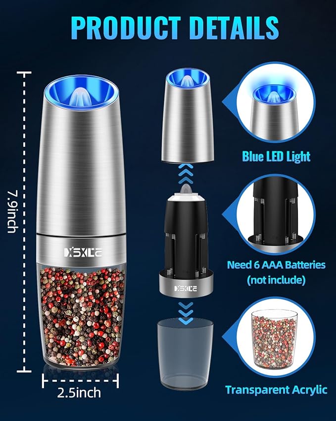 XinXu Gravity Electric Pepper/Salt Grinder, Salt and Pepper Mill & Adjustable Coarseness, Battery Powered with LED Light, One Hand Automatic Operation, Stainless steel - (Single/Silver)