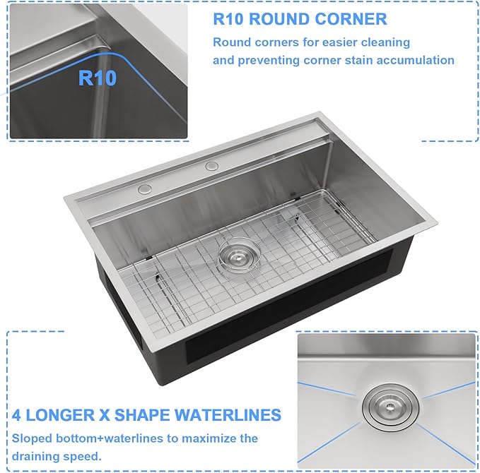 33 Inch Kitchen Sink Drop In - Lordear 33x22 inch Stainless Steel Kitchen Sink Drop-in Topmount 16 Gauge Single Bowl Workstation Kitchen Sinks with Accessories