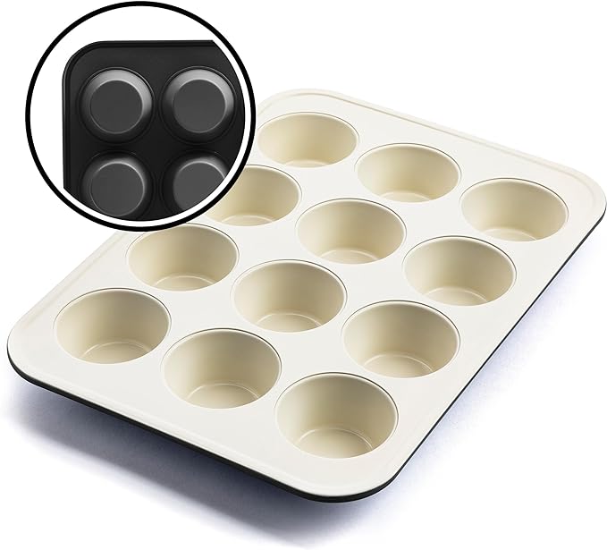 GreenLife 12-Cup Muffin Pan, Healthy Ceramic Nonstick Bakeware, PFOA & PFAS-Free Cupcake Sheet, Durable Baking Tray, Versatile Kitchen Essentials, Easy Clean Muffin Mold, Nonstick Baking Pan, Black