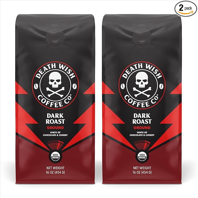Death Wish Coffee Dark Roast Grounds -16 Oz, 2 Packs of Bold & Intense Blend of Arabica & Robusta Beans - USDA Organic Ground Coffee - Pack of 2