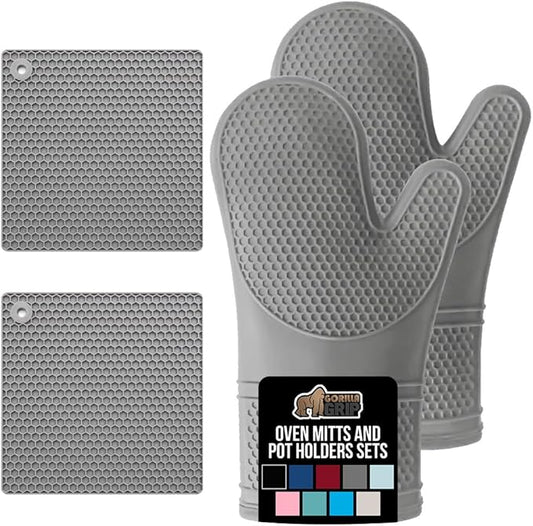 GORILLA GRIP BPA-Free Soft Silicone Oven Mitts and Pot Holders Sets of 4, Heat Resistant Waterproof Cooking Gloves, Thick Cotton Lining, Flexible Gripping for Baking Grilling, Kitchen Trivets, Gray