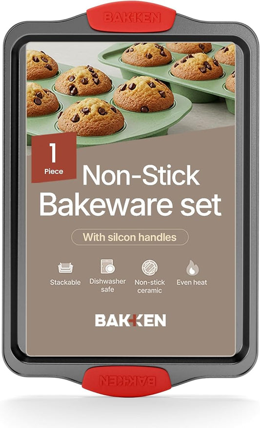 BAKKEN Kitchen Baking Pans - 15.15 x 10.03" Medium Nonstick Sheet, Durable Carbon Steel Cookie Sheet with Red Silicone Handles, PFOA, PFOS, PTFE Free, Oven Safe Tray (Up To 450°F), Set of 1