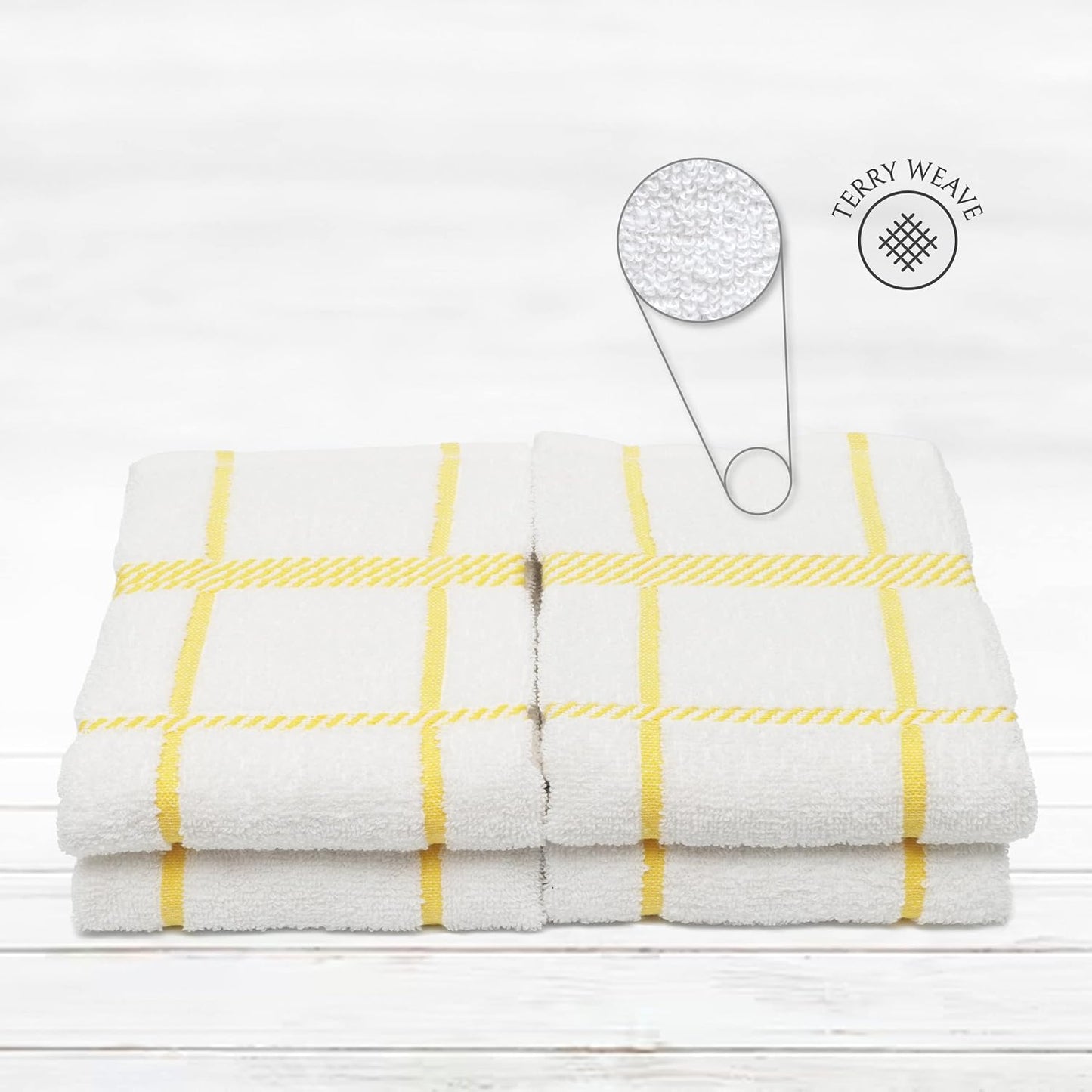100% Cotton Terry Dish Towels, 4 Pack Checks, 16 x26 Inches, Super Soft and Absorbent Kitchen Towels, Perfect for Kitchen Cleaning and Dish Washing | Yellow