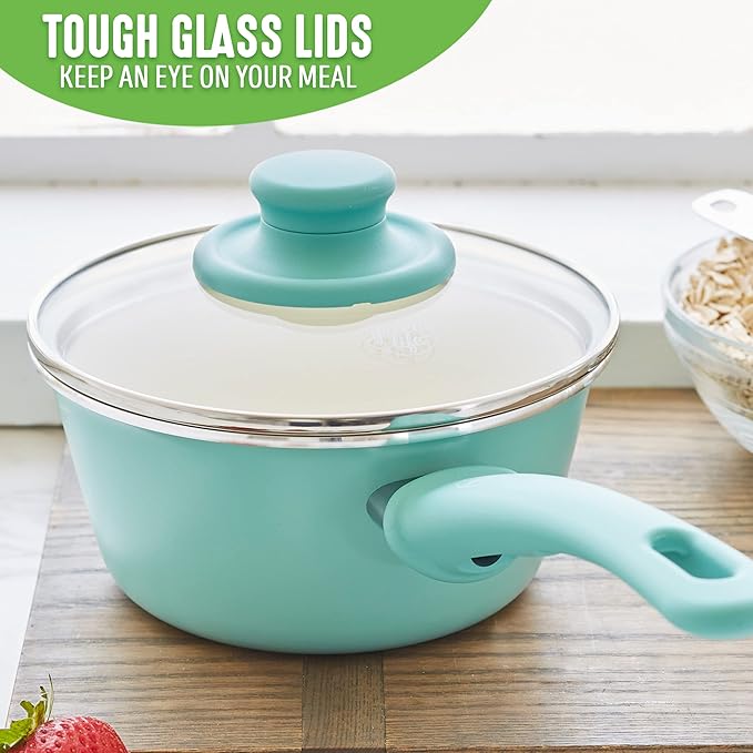 GreenLife Soft Grip 1QT and 2QT Saucepan Set, Healthy Ceramic Nonstick, Non Toxic PFAS & PFOA-Free, Dishwasher Safe, Glass Lids, Stay-Cool Handles, Easy Clean Cookware, Kitchen Essentials, Turquoise