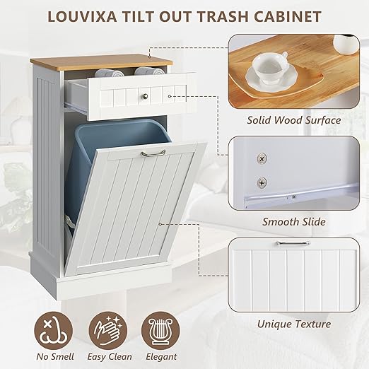 Tilt Out Trash Bin Cabinet Dog Proof Trash Can Holder Kitchen Island Without Garbage Bin or Tilt Out Laundry Hamper (White)