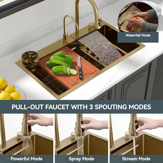 Lordear 33 Watefall Gold Kitchen Sink Drop In 33x19x9 Inch Topmount Sink Stainless Steel 16 Gauge Single Bowl Multifunctional Workstation Sinks with Built-in Accessories
