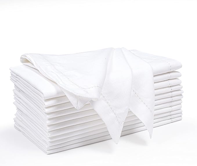 Ramanta Home White Cloth Dinner Napkin Set of 12-18x18 Inch, Premium Cotton Linen Flax Hemstitched Napkins, Soft Durable Washable for Everyday Use Thanksgiving Christmas Parties Halloween