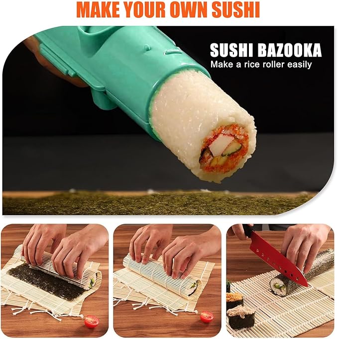 Sushi Making Kit, Sushi Roller, Sushi Bazooka, Sushi Maker, Bamboo Sushi Rolling Mat For Beginners (Green)