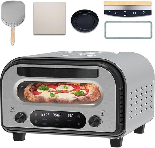 Electric Pizza Oven Indoor 1700W Countertop Pizza Maker Fast Heating up to 850°F Touchscreen 6 Preset Modes Adjustable Timer & Temp Knobs Used for Commercial & Home Kitchen in Silver