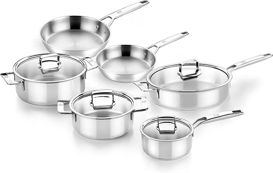BRA COOKWARE Signature 10 Piece Cookware Set | Stainless Steel Professional Kitchenware Set | 2 Pots, 1 Sauté Pan, 2 Frying Pans, 1 Saucepan, 4 Lids | All Stovetop Compatible | PFOA Free