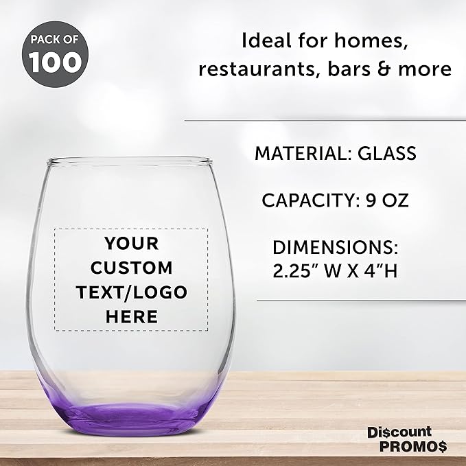 Custom Stemless Wine Glass 9 oz. Set of 100, Personalized Bulk Pack - Great for Wedding Favors, Bachelorette Party Decorations, Party Favors, Color Bottom - Purple