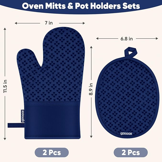 Oven Mitts and Pot Holders 4 Sets, Heat Resistant 500 ℉ Oven Mitt and Pot Holder,Oven Glove&Potholders with Non-Slip Silicone Surface,Kitchen Essentials for Cooking/Baking/BBQ-Marine Blue