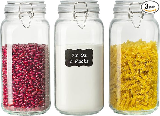 78oz Glass Food Storage Jars with Airtight Clamp Lids, 3 PCS Food Storage Canister for Kitchen & Pantry Organization, Square Mason Jar Containers for Storing Sugar, Flour, Cereal,Coffee,Cookies