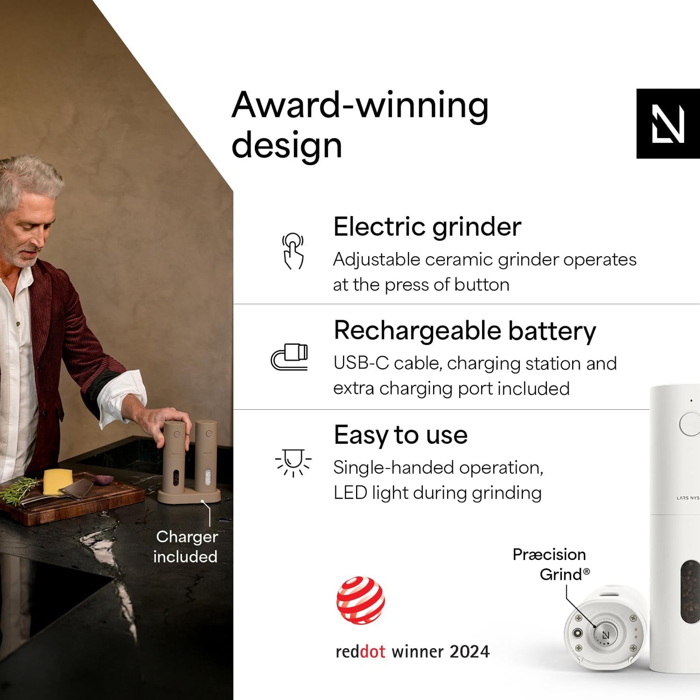 LARS NYSØM Electric Salt and Pepper Grinder Set, USB Rechargeable, Automatic Salt and Pepper Mills, Spice Shakers Refillable with LED Light, Adjustable Coarseness, Ceramic Grinder (Pure White)