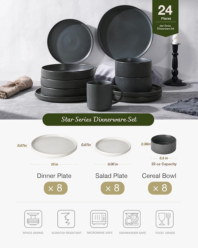 Famiware Star Dinnerware Set, Plates and Bowls Sets for 8 (24pcs), Ribbed Stoneware Dishes - Chip & Scratch Resistant, Microwave & Dishwasher Safe, Multicolor - Matte White & Matte Dark Charcoal
