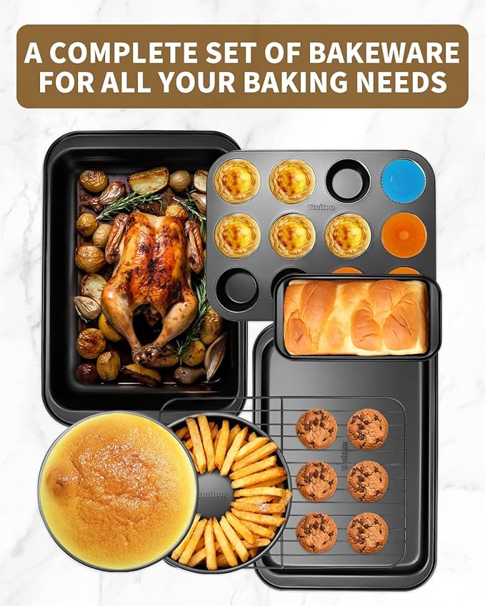 Nonstick Baking Pans Set, 19 PCS Stackable Bakeware Sets, Oven Pan Set Includes Baking Tray, Cookie Sheet, Cake Pans, Loaf Pan, Muffin Pan, Silicone Cups