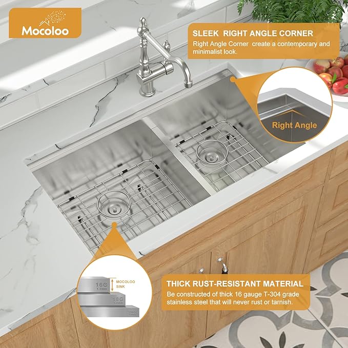 Mocoloo Double Bowl Kitchen Sinks - 60/40 Undermount Double Bowl 16 Gauge Low Divide Workstation 33 x 19 Inch Stainless Steel Kitchen Sink Handmade, 10'' Deep Basin