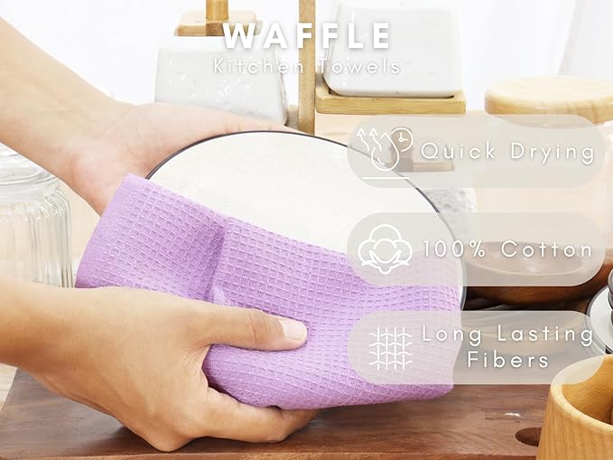 PurpleEssences Waffle Weave Kitchen Towel, 100% Cotton - 15x25 Inches, with Hanging Loop Ultra Soft Absorbent Quick Drying Dish Cloth, Tea and Hand Towels, 6 Pack - Christmas Holiday Winter - Lavender