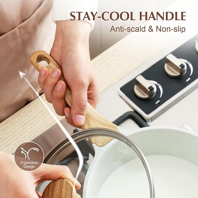 SENSARTE White Ceramic Nonstick Saucepan with Lid Set, Small Cooking Pot with Stay Cool Handle, Induction Compatible Saucepot, White Granite Coating, PFOA/PFAS Free, 2.0 + 2.5QT