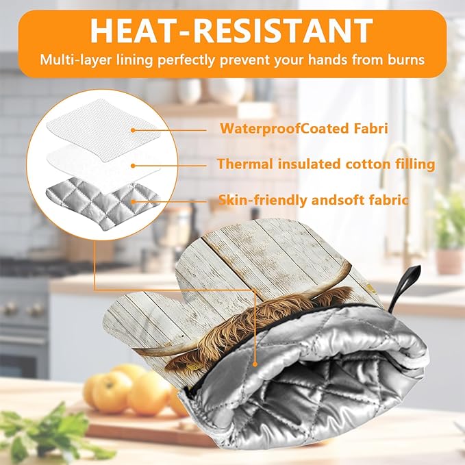 Sunflower Highland Cow Oven Mitts and Pot Holders Sets 4Pcs,Extra Long Oven Gloves Potholder for Kitchen Cooking Baking BBQ 100% Cotton Heat Resistant