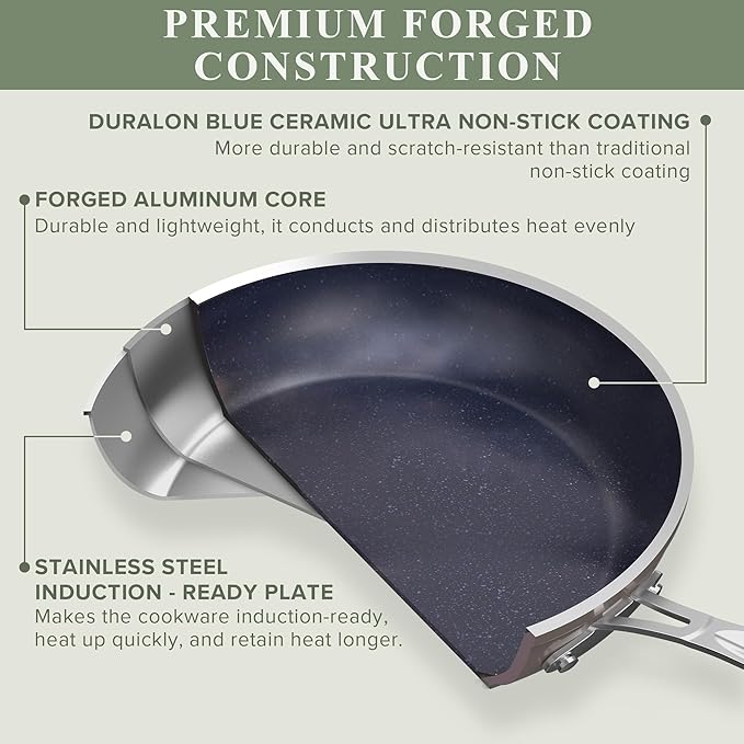 Nuwave Healthy Duralon Blue Ceramic Nonstick Cookware Set, Diamond Infused Scratch-Resistant, PFAS Free, Dishwasher & Oven Safe, Induction Ready & Evenly Heats, Tempered Glass Lids & Stay-Cool Handles