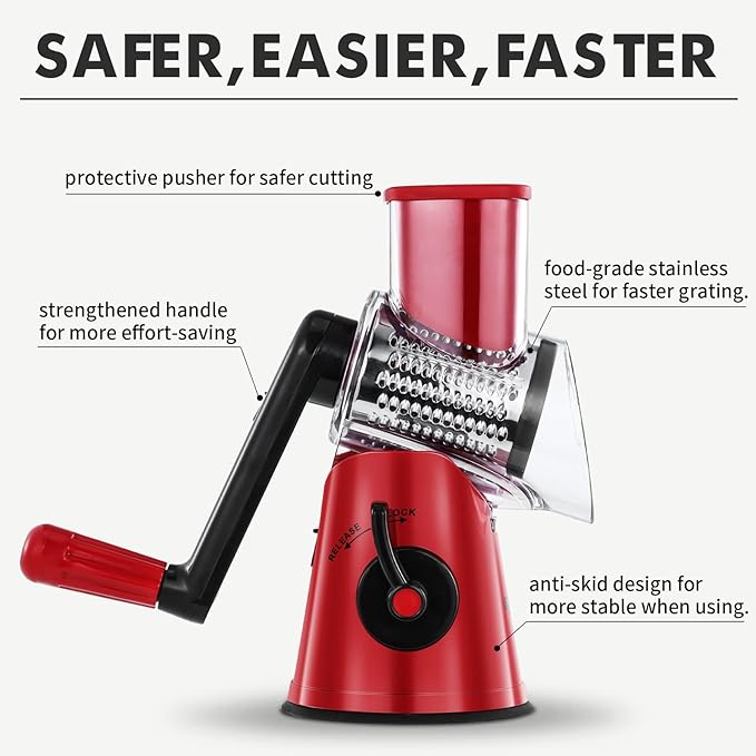 Rotary Cheese Grater, 3 in 1 Cheese Shredder Grater Rotary with Handle, Vegetable Mandoline Slicer Shredder for Vegetable, Cheese, Nut