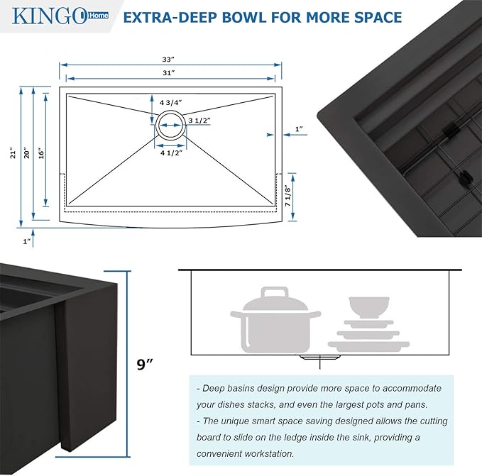 33 inch Black Farmhouse Sink, 16 Gauge Double Ledges Stainless Steel Farmhouse Kitchen Workstation, Apron Front Deep Single Bowl Kitchen Farm Farmer Style Sinks 33"x20"x9