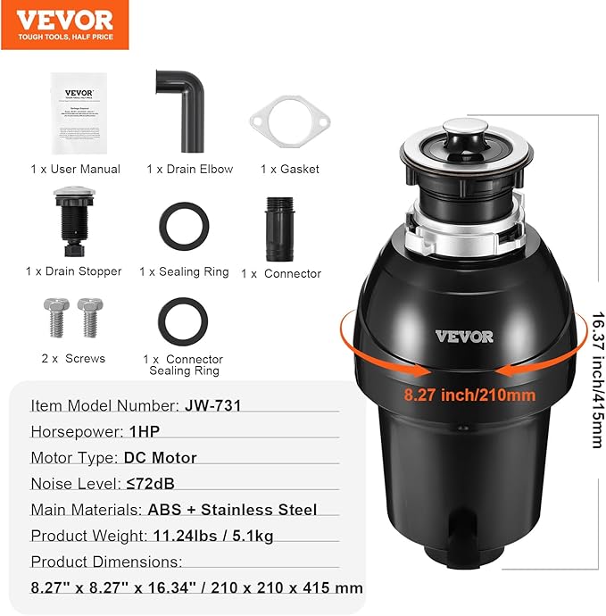 VEVOR Garbage Disposal, 1HP 3270RPM DC Motor, Continuous Feed Food Waste Sink Disposer, EZ Connect Food Waste Grinding System with Sound Reduction, Power Cord and Splash Guard, for Kitchen