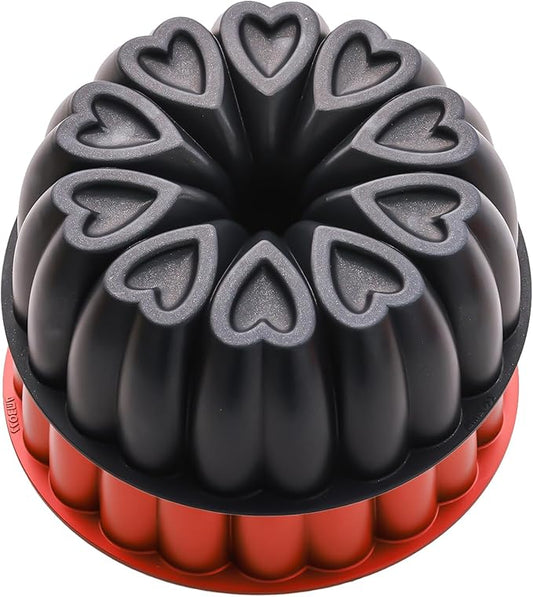 Heart Shape Aluminum Cake Pan, Titanium Coating, Non-Stick, 12 Cups, Gifts for Mom, 10 Inch Baking Mold, Cast Aluminum Fluted Tube Pan, Easy to Clean (2-Pack, Black-Red)