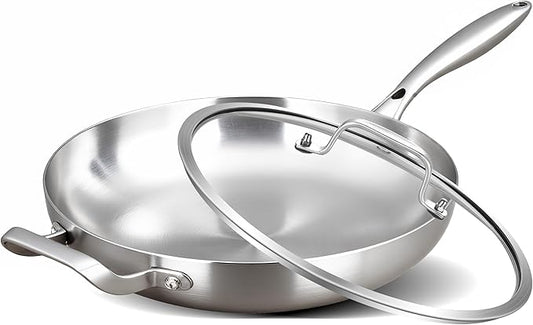 Inqibee 12 Inch Tri-Ply Stainless Steel Frying Pan with Lid and Helper Handle,Skillet,Induction Cooking Pan,Dishwasher and Oven Safe,Detachable Handle.