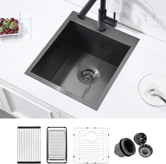 15 Black Drop In Kitchen Bar Sink, ZDHHT 15 x 18 x 10 Inches 16 Gauge T304 Black Stainless Steel Topmount Small Kitchen Sink Bar Prep Outdoor Sink RV Sink