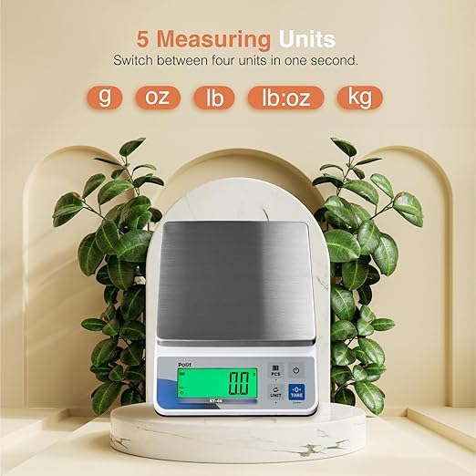 Polit KT-66 Digital Kitchen Scale 18lb/8000g｜0.02oz/0.5g Precision Food Scale with LCD Display｜Battery or Plug-in｜Stainless Steel Top｜Grams & Ounces｜5 Units for Baking, Cooking, Farming & Shipping