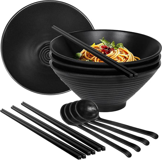 Set of 4 Ramen Bowl Set, Melamine Large Japanese Style Noodle Soup Bowls Set with Spoons and Chopsticks for Ramen, Pho, Noodles, Asian Dishes Black,Large Bowl for Adults| Dishwasher Safe (Black 8.7in)