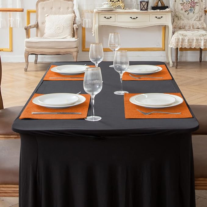 Linen Fabric Placemats Set of 6, Machine Washable, Heat Resistant, Wrinkle Free, Thick Polyester Kitchen Place Mats for Dining Table (Orange)