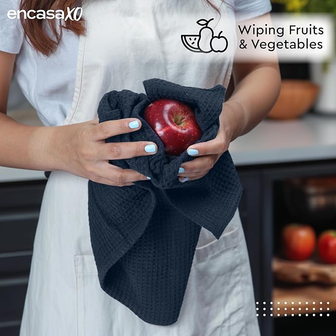 Encasa XO Kitchen Dish Towels Set | Navy Blue | Waffle Weave and Flat Hand Tea Towel | 28"x18" | Quick Drying Reusable Cotton Washcloths | Multipurpose Lightweight Dishcloths Set of 4