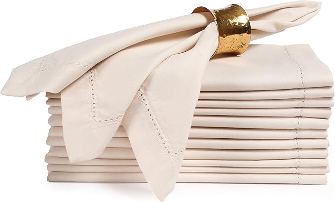 Ramanta Home Set of 12 Polyester Cloth Napkins 20x20 Inches - Hemstitched Washable Dinner Napkins for Weddings, Thanksgiving, Hotel - Soft Durable Table Linen for Parties or Everyday Use - Beige