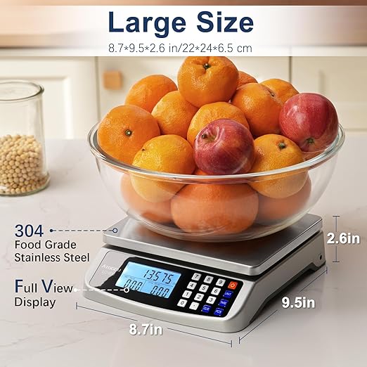 66lb Food Scale, Commercial Kitchen Scale with Price Computing, Plug-in Usable, 0.05oz/1g, 304 Stainless Steel, for Cooking, Vegetables, Farm, Industry, Counting. LC300 Silver