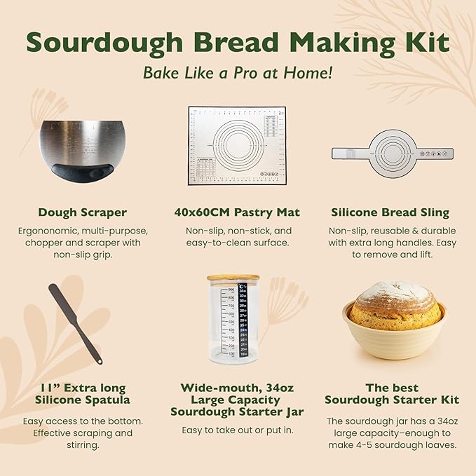 Sourdough Starter Kit – Bread Baking Set with 10" Oval & 9" Round Silicone Bannetons,1000ml Starter Jar, Bread Lame, Danish Whisk, Pastry Mat,Sling, Fermentation Kit, Gift for Bakers, Moms & Wives