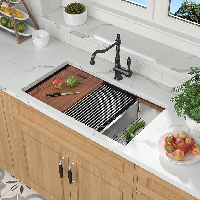 Mocoloo 33 Inch Undermount Kitchen Sink - 33 x 19 Black Stainless Steel Sinks Ledge Workstation 16 Gauge Deep Single Bowl Handmade NANO-PVD Under Counter Gunmetal Black Kitchen Sink